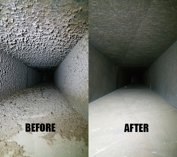 The same length of ductwork before and after cleaning: heavy dust coating the surfaces on the left, bare metal on the right
